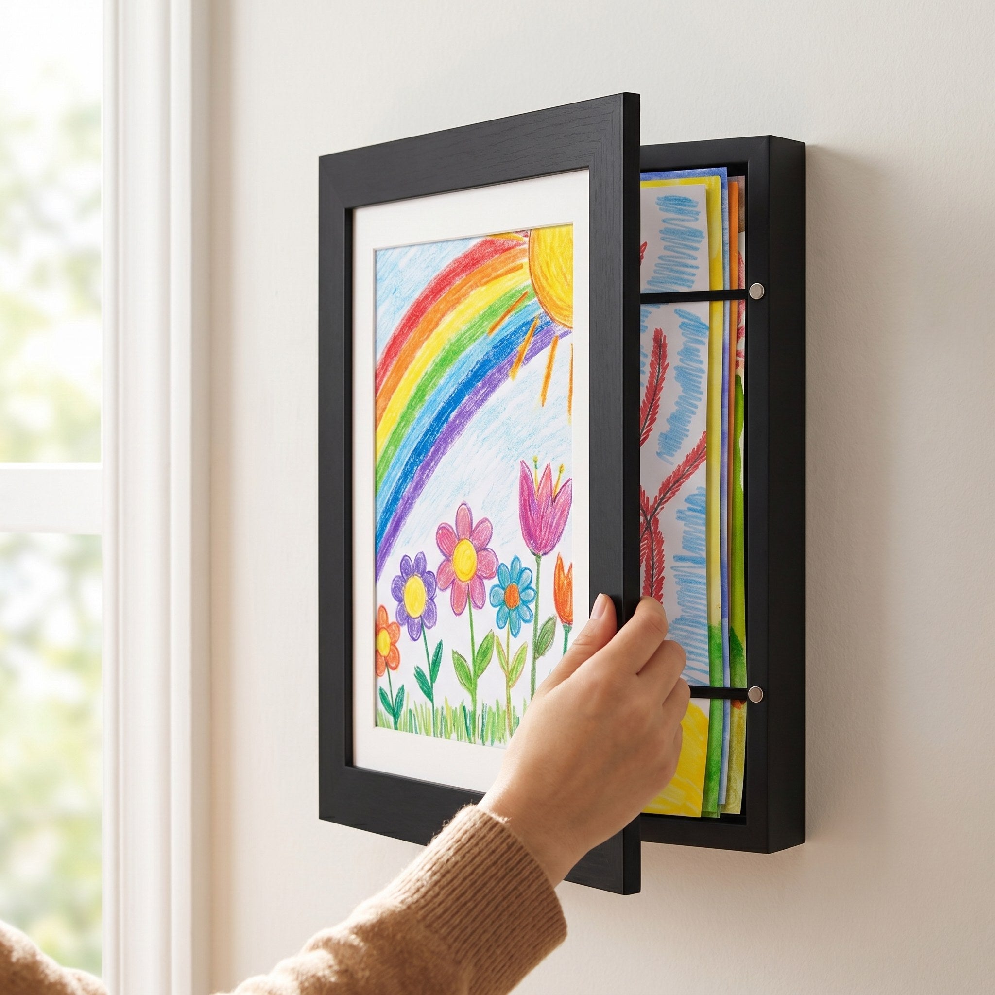 Front-loading kids art frame swung open to show the stack of artwork stored inside