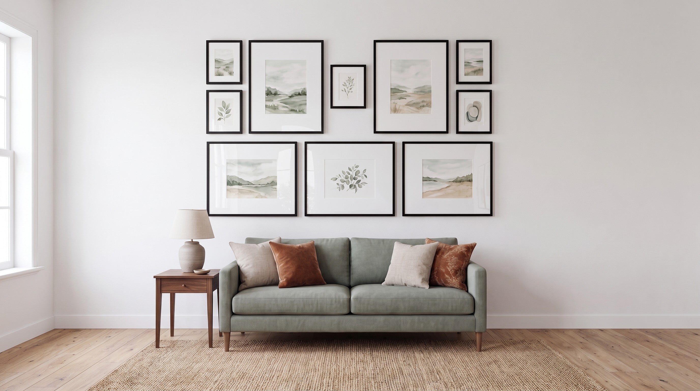Black gallery wall set of ten frames hung above a green sofa