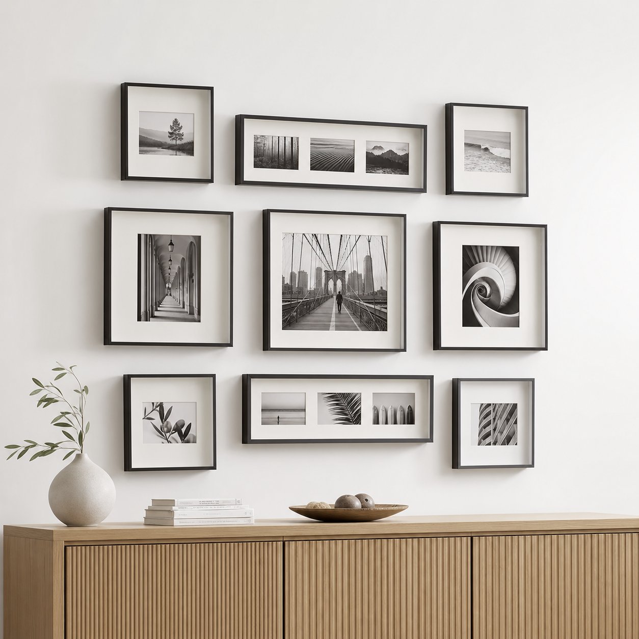 A black-and-white gallery wall of framed photography styled above a wood credenza