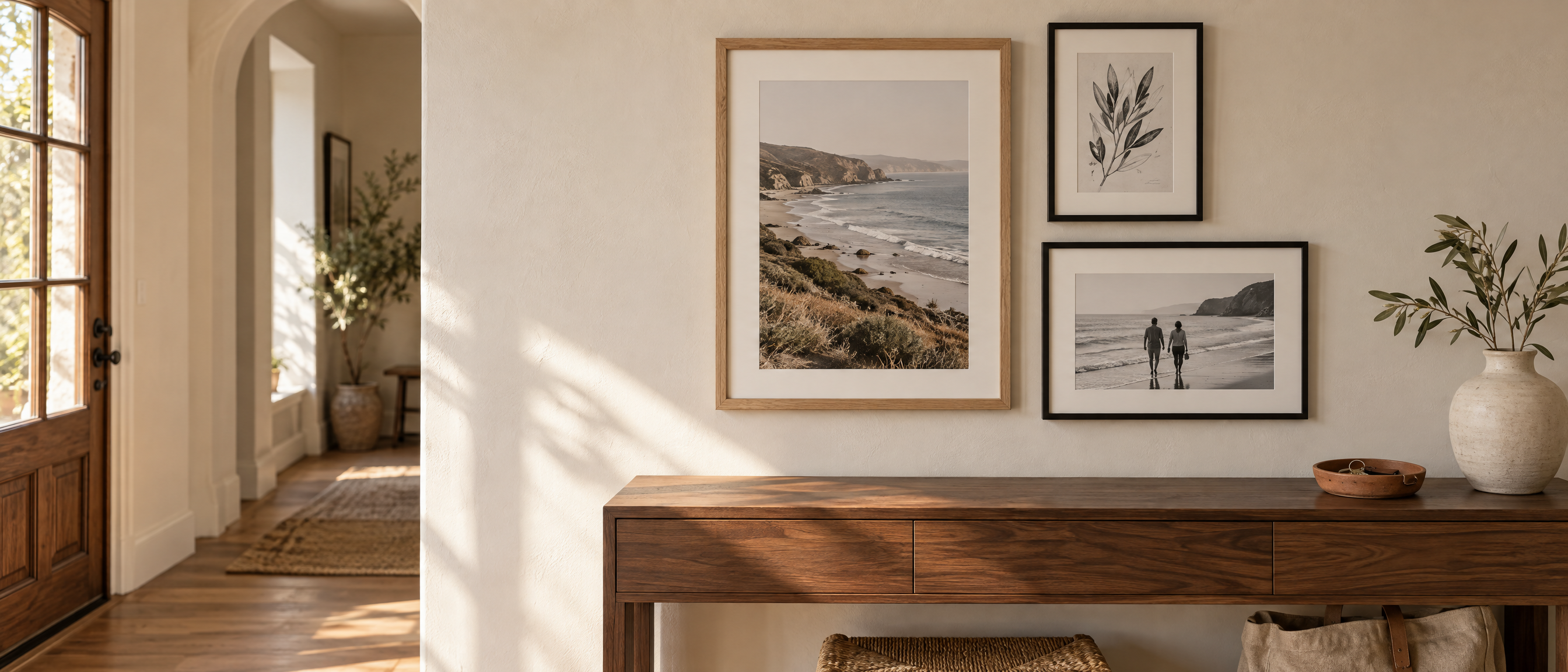 Three matted oak and black picture frames with coastal photos and a botanical sketch above a walnut entryway console.
