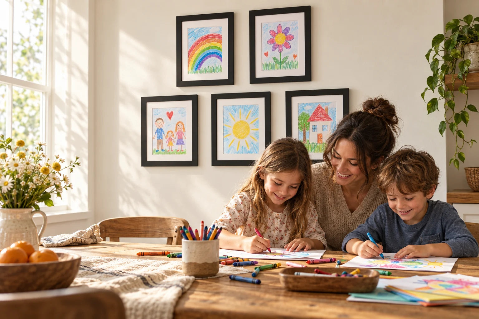 AI-generated gallery inspiration: a parent and two children making art beneath five framed drawings.
